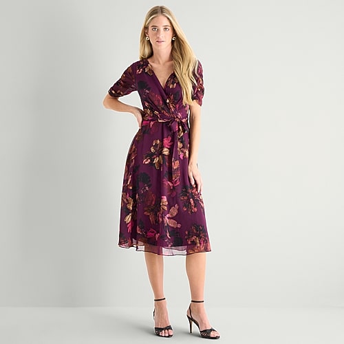 Marc New York Womens Midi V Neck Short Sleeve Ruched Sleeve Floral Fit + Flare Dress In Purple