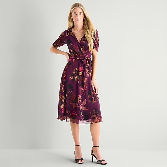 Marc New York Womens Midi V Neck Short Sleeve Ruched Sleeve Floral Fit + Flare Dress