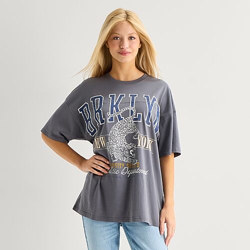 Arizona Womens Juniors Round Neck Short Sleeve Oversized Graphic T-Shirt, X-large, Gray