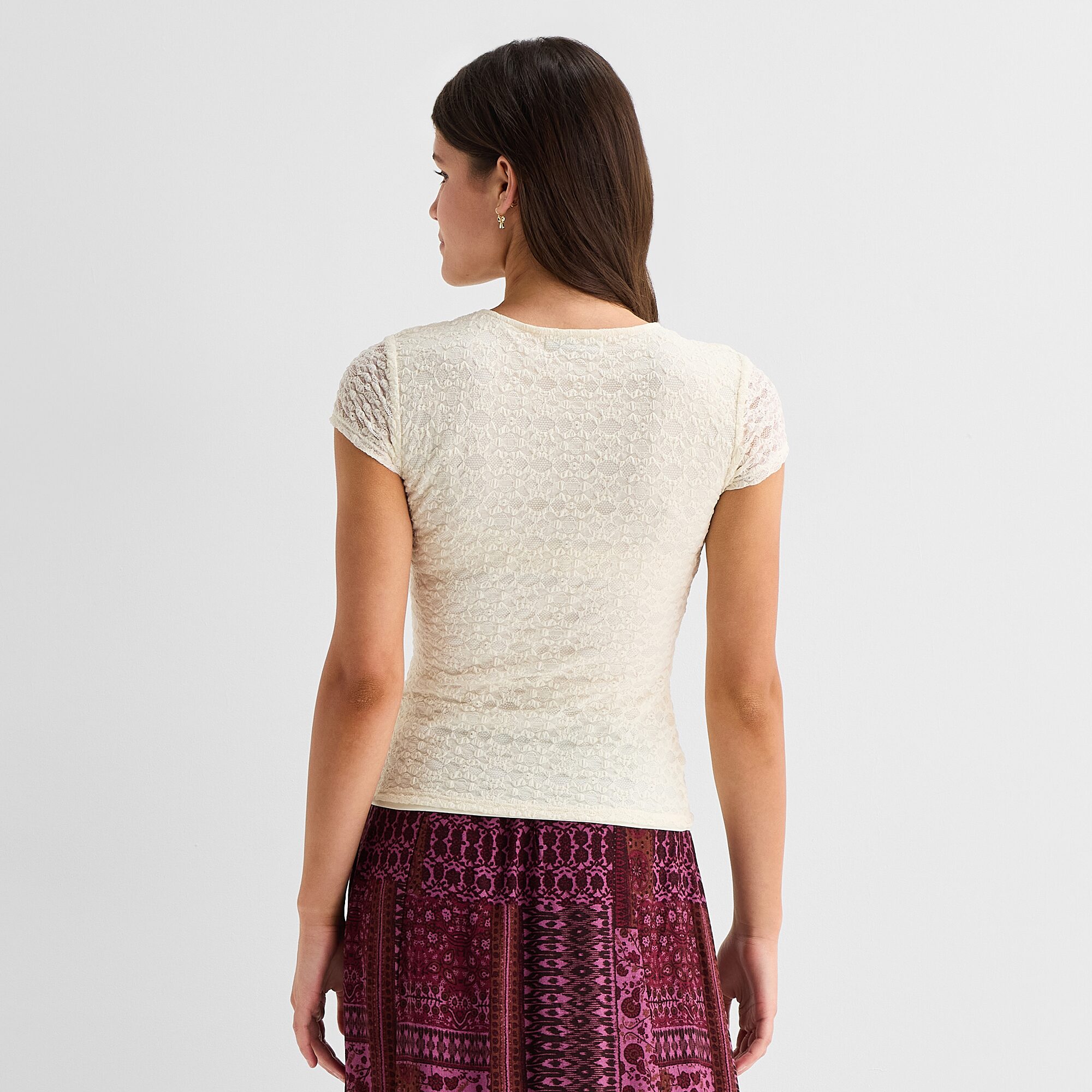 Arizona Womens Juniors Crew Neck Short Sleeve Lace Blouse