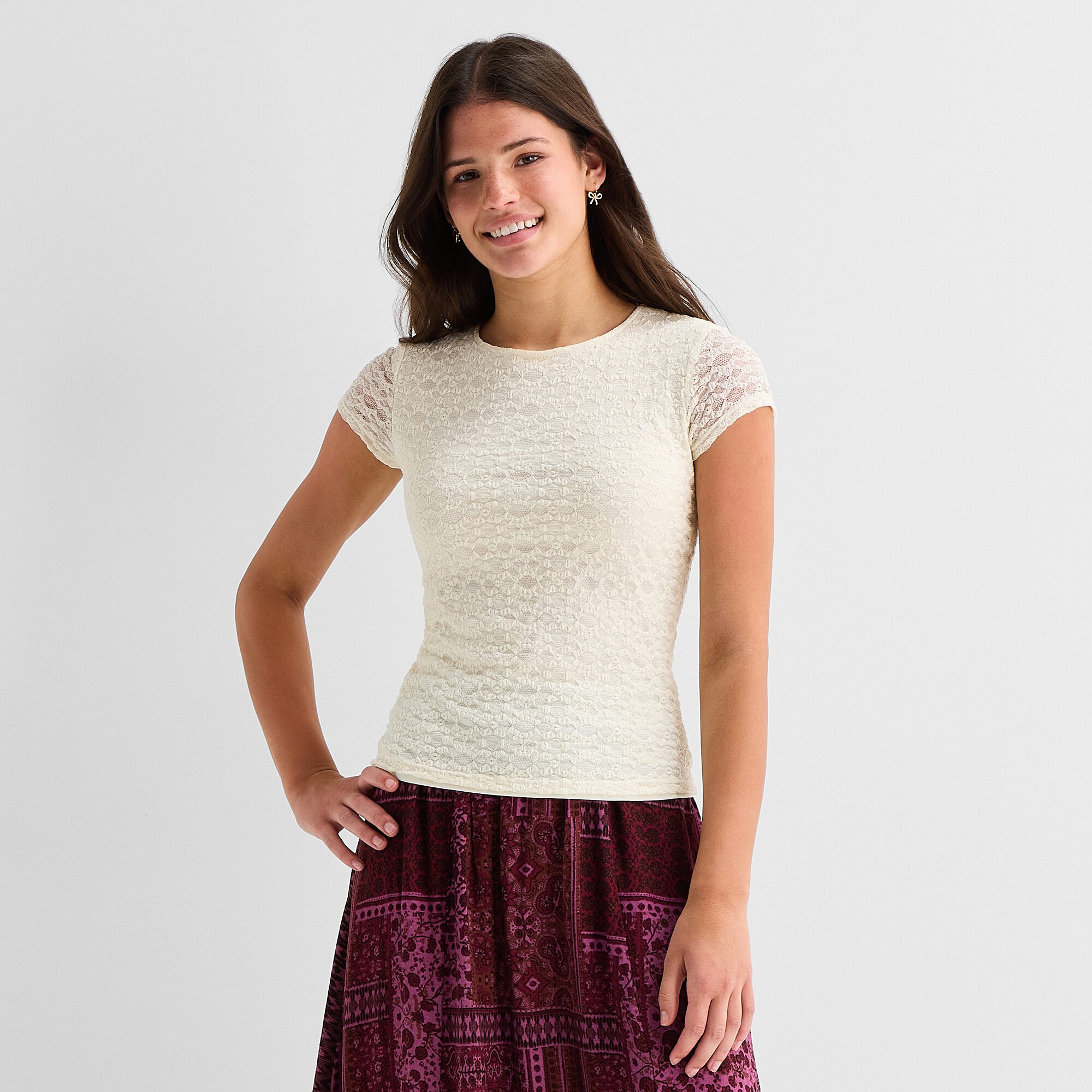 Arizona Womens Juniors Crew Neck Short Sleeve Lace Blouse