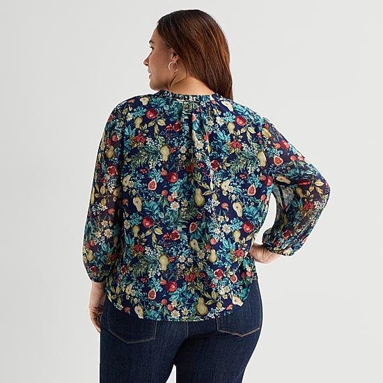 St. John's Bay Womens Plus Split Crew Neck Long Sleeve Blouse