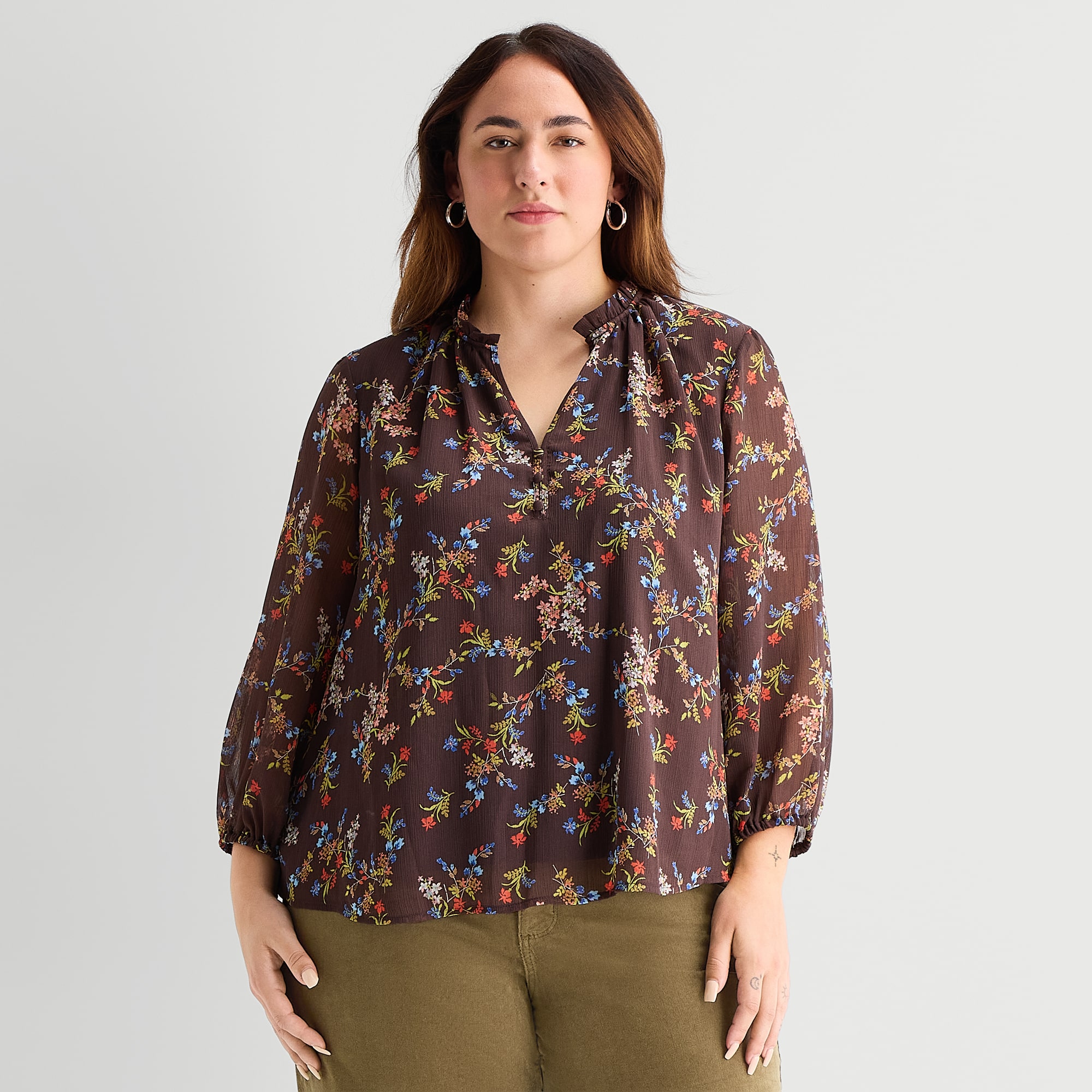 St. John's Bay Womens Plus Split Crew Neck Long Sleeve Blouse
