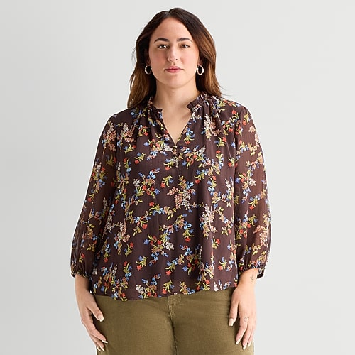 St. John's Bay Womens Plus Split Crew Neck Long Sleeve Blouse In Brown