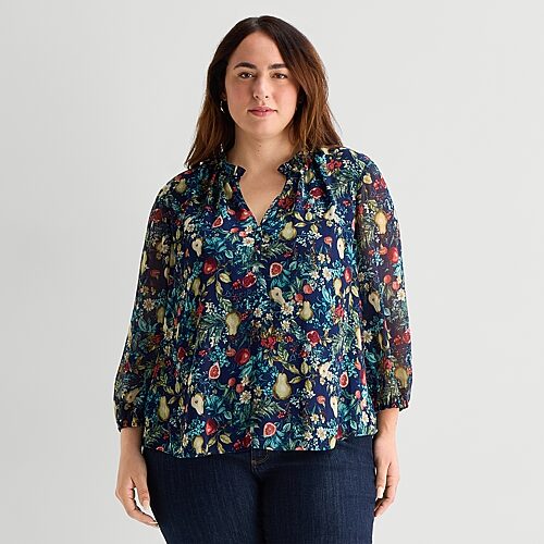St. John's Bay Womens Plus Split Crew Neck Long Sleeve Blouse In Blue