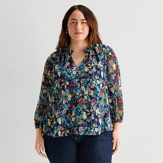 St. John's Bay Womens Plus Split Crew Neck Long Sleeve Blouse