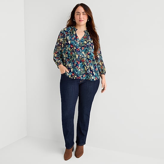St. John's Bay Womens Plus Split Crew Neck Long Sleeve Blouse