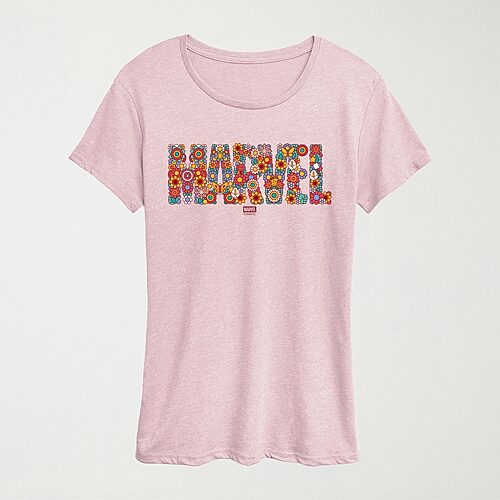 Hybrid Tees Womens Crew Neck Short Sleeve Regular Fit Marvel Graphic T-shirt In Pink