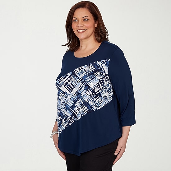 Alfred Dunner Classics Womens Plus Split Crew Neck 3/4 Sleeve T-Shirt