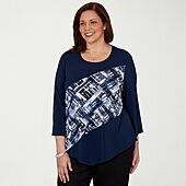 Alfred Dunner Classics Womens Plus Split Crew Neck 3/4 Sleeve T-Shirt