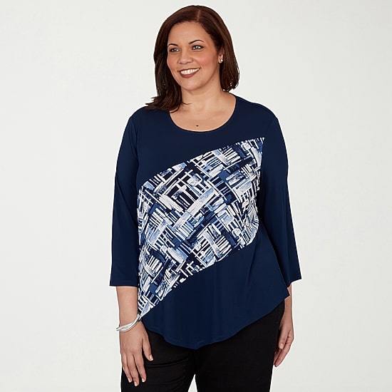 Alfred Dunner Classics Womens Plus Split Crew Neck 3/4 Sleeve T-Shirt