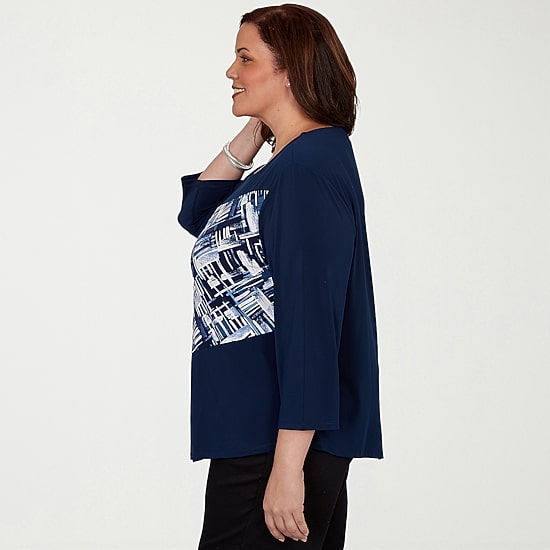Alfred Dunner Classics Womens Plus Split Crew Neck 3/4 Sleeve T-Shirt