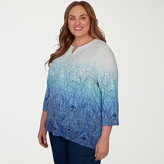 Alfred Dunner Classics Womens Plus Square Neck 3/4 Sleeve T-Shirt