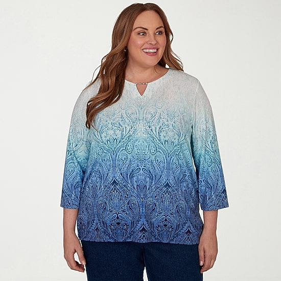 Alfred Dunner Classics Womens Plus Square Neck 3/4 Sleeve T-Shirt