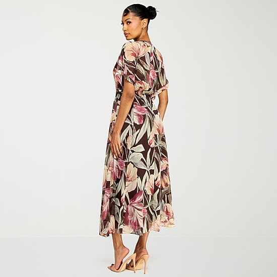 Premier Amour Womens V Neck Short Sleeve Kimono Chiffon Maxi Dress