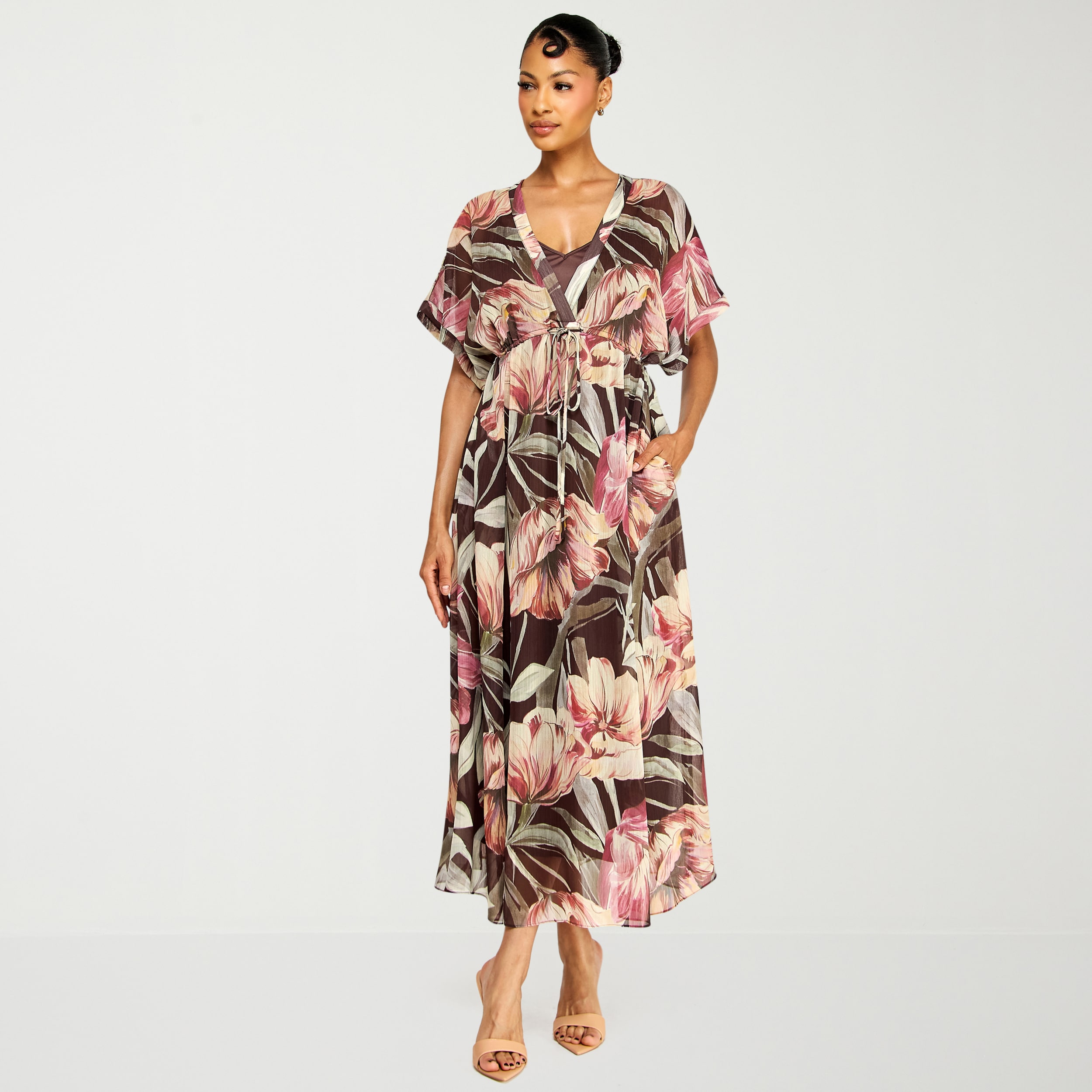 Premier Amour Womens V Neck Short Sleeve Kimono Maxi Dress