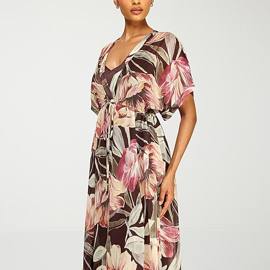 Premier Amour Womens V Neck Short Sleeve Kimono Chiffon Maxi Dress