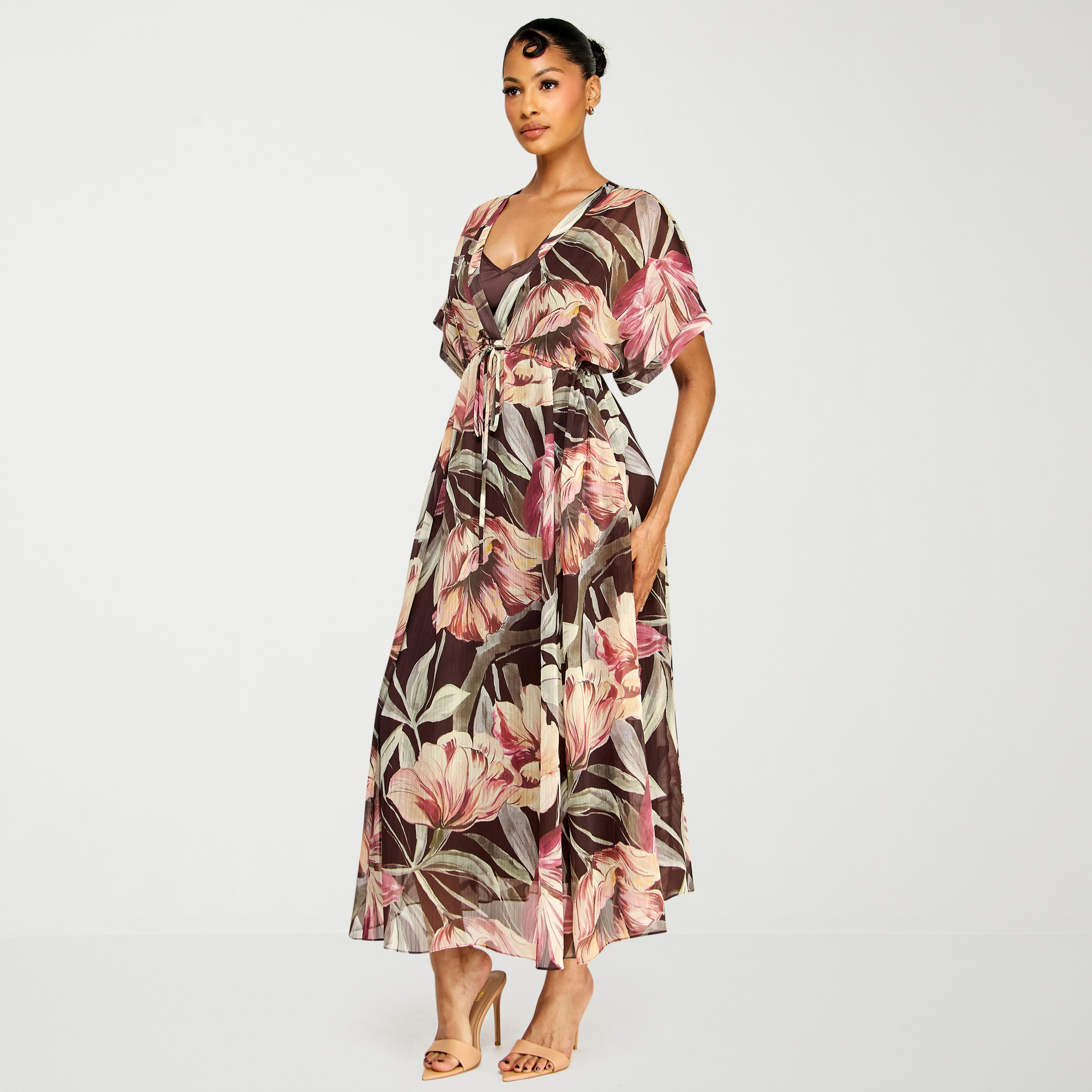 Premier Amour Womens V Neck Short Sleeve Kimono Maxi Dress
