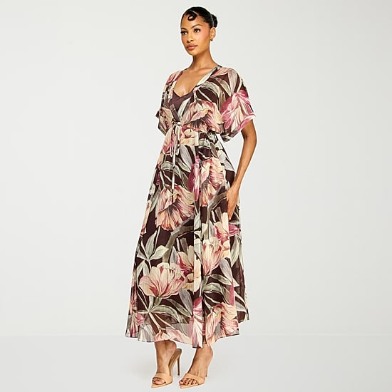 Premier Amour Womens V Neck Short Sleeve Kimono Chiffon Maxi Dress