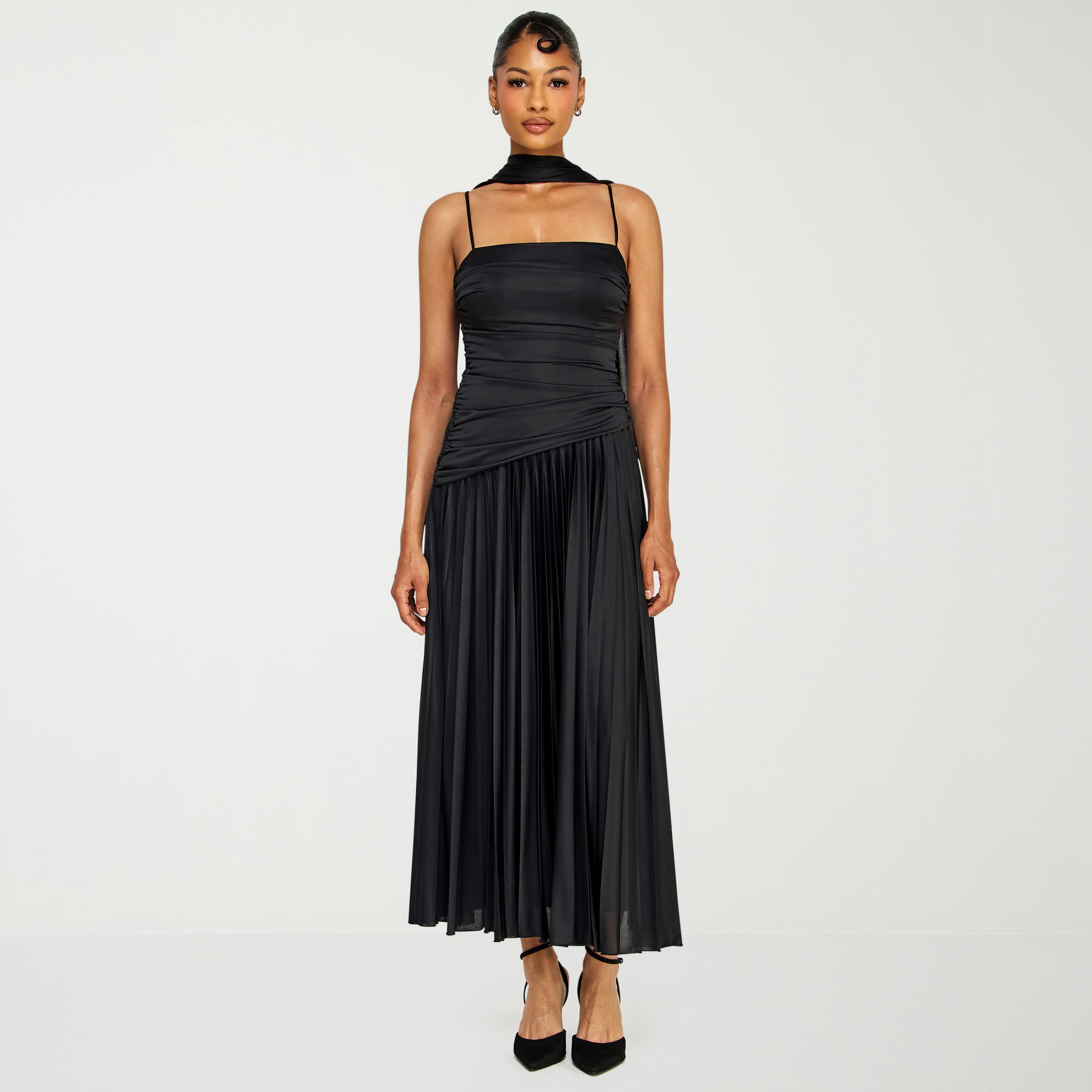 Premier Amour Womens Midi Straight Neck Sleeveless Fit + Flare Dress
