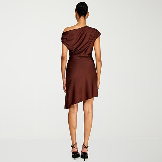 Premier Amour Womens Asymmetrical Neck Sleeveless Off the Shoulder Fit + Flare Dress