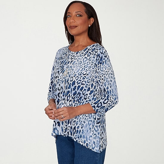 Alfred Dunner Classics Womens Split Crew Neck 3/4 Sleeve T-Shirt