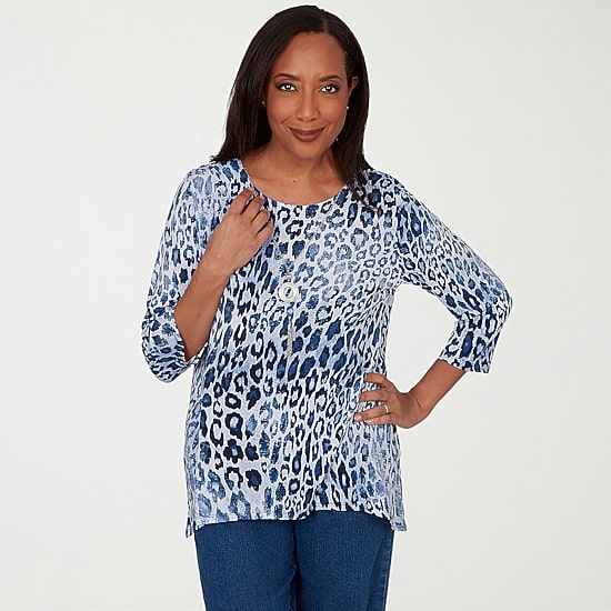 Alfred Dunner Classics Womens Split Crew Neck 3/4 Sleeve T-Shirt