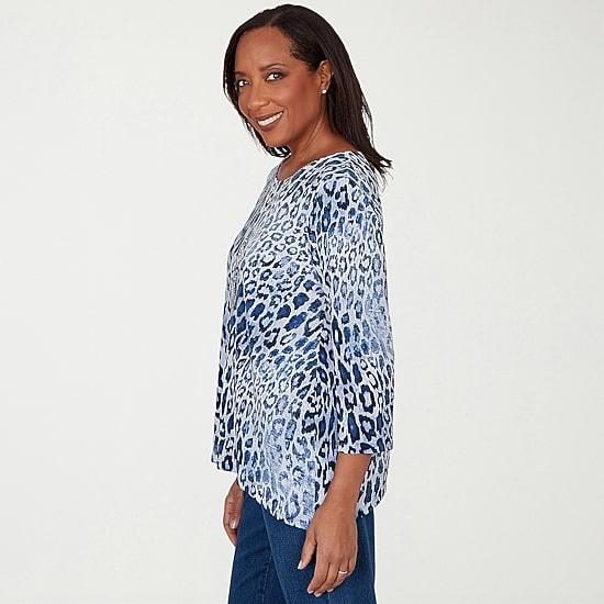 Alfred Dunner Classics Womens Split Crew Neck 3/4 Sleeve T-Shirt