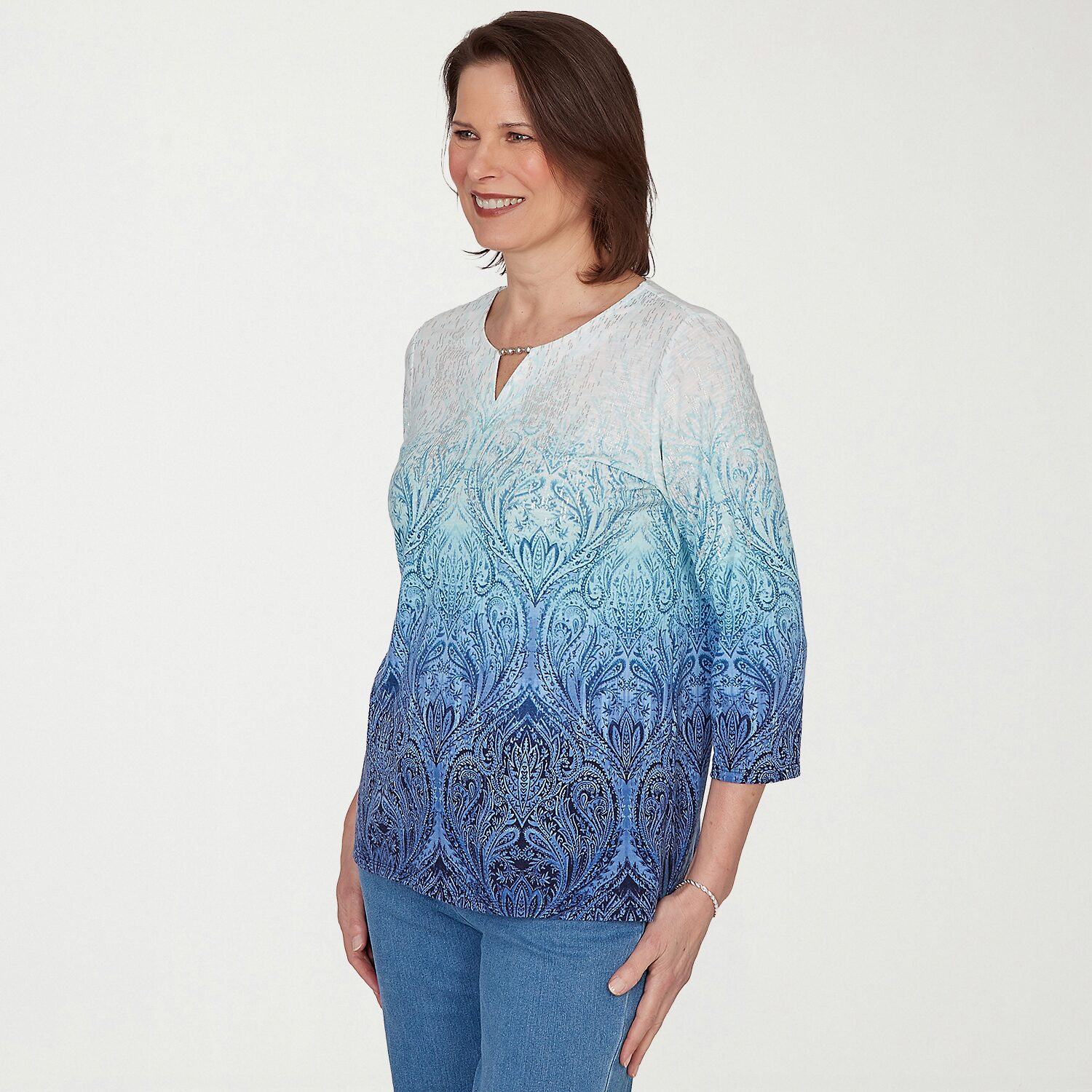 Alfred Dunner Womens Crew Neck 3/4 Sleeve T-Shirt