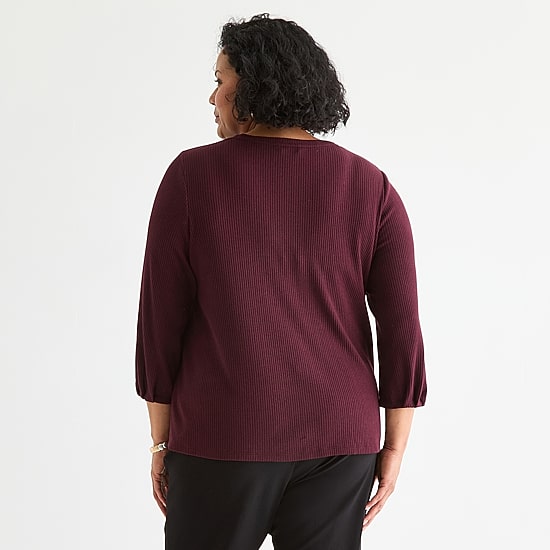 Liz Claiborne Womens Plus Crew Neck 3/4 Sleeve Blouse