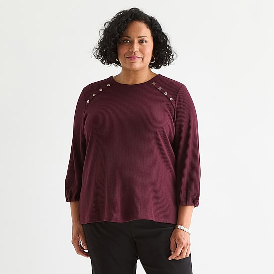 Liz Claiborne Womens Plus Crew Neck 3/4 Sleeve Blouse