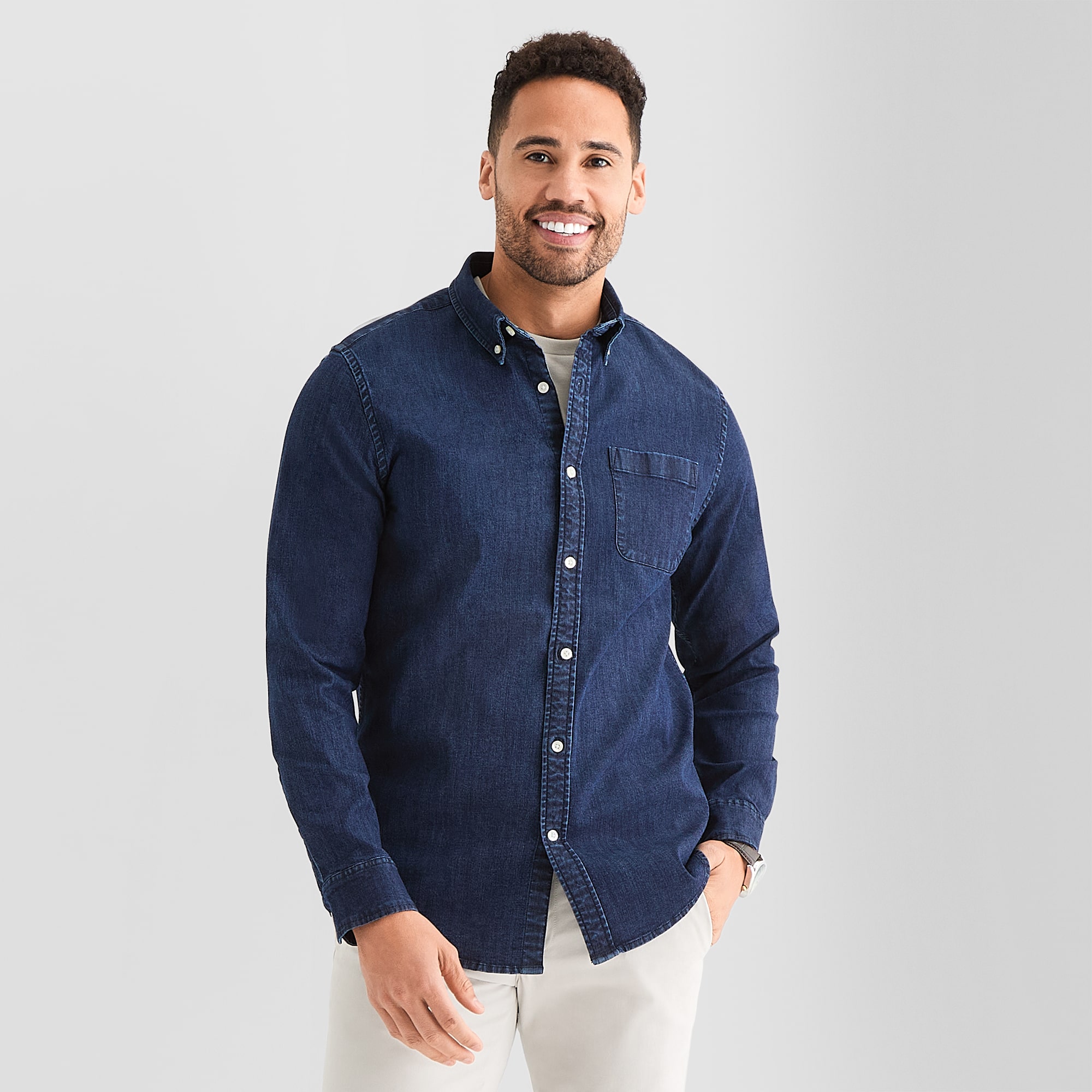 St. John's Bay Denim Mens Long Sleeve Classic Fit Button-Down Shirt