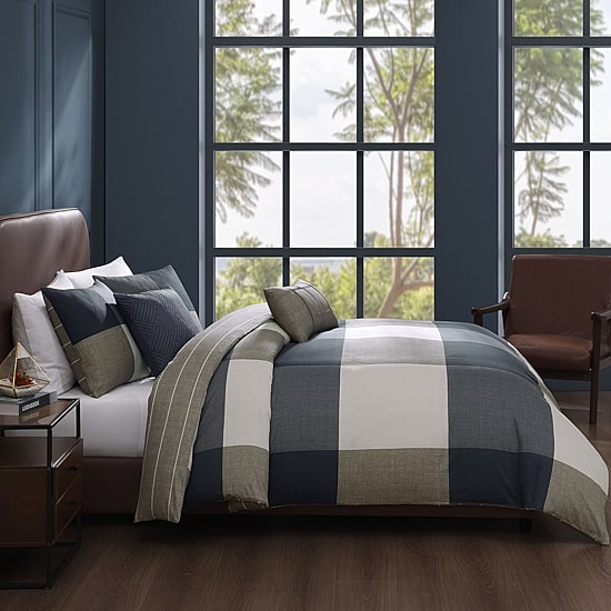 Bebejan Checkered Navy Tan 5-pc. Midweight Reversible Comforter Set