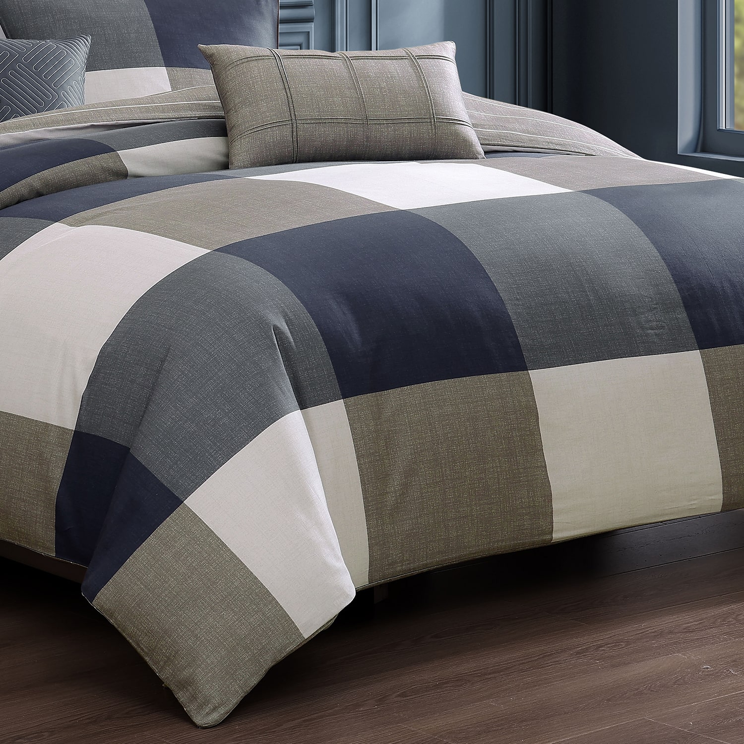 Bebejan Checkered Navy Tan 5-pc. Midweight REVERSIBLE Comforter Set