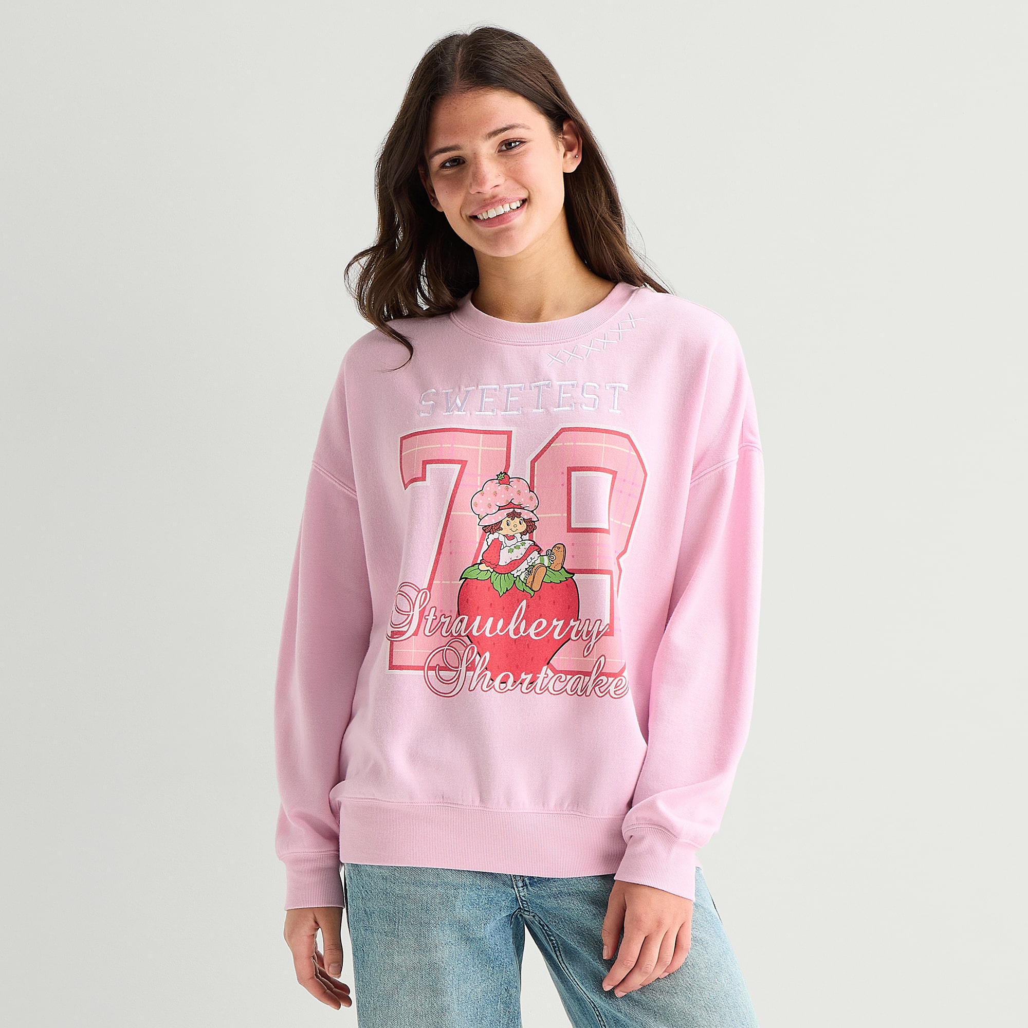 Strawberry Shortcake Crew Fleece Womens Juniors Neck Long Sleeve Embroidered Sweatshirt