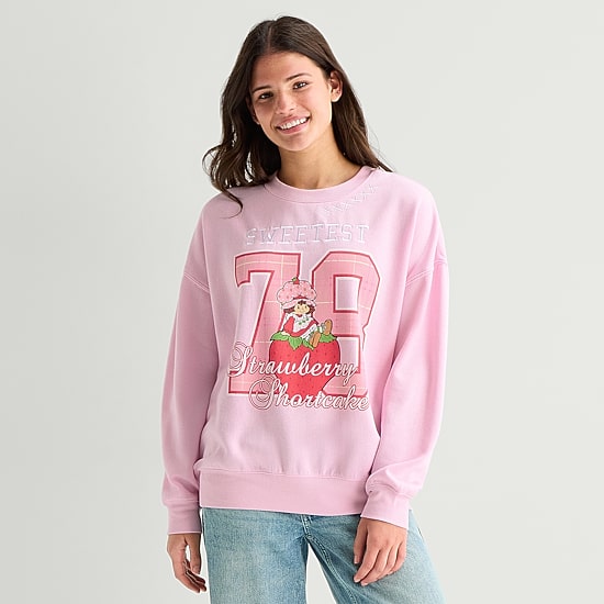 Strawberry Shortcake Crew Fleece Womens Juniors Crew Neck Long Sleeve Embroidered Strawberry Shortcake Sweatshirt
