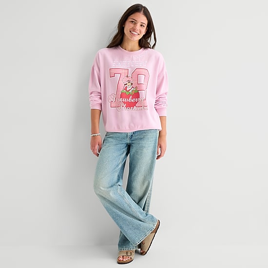Strawberry Shortcake Crew Fleece Womens Juniors Crew Neck Long Sleeve Embroidered Strawberry Shortcake Sweatshirt