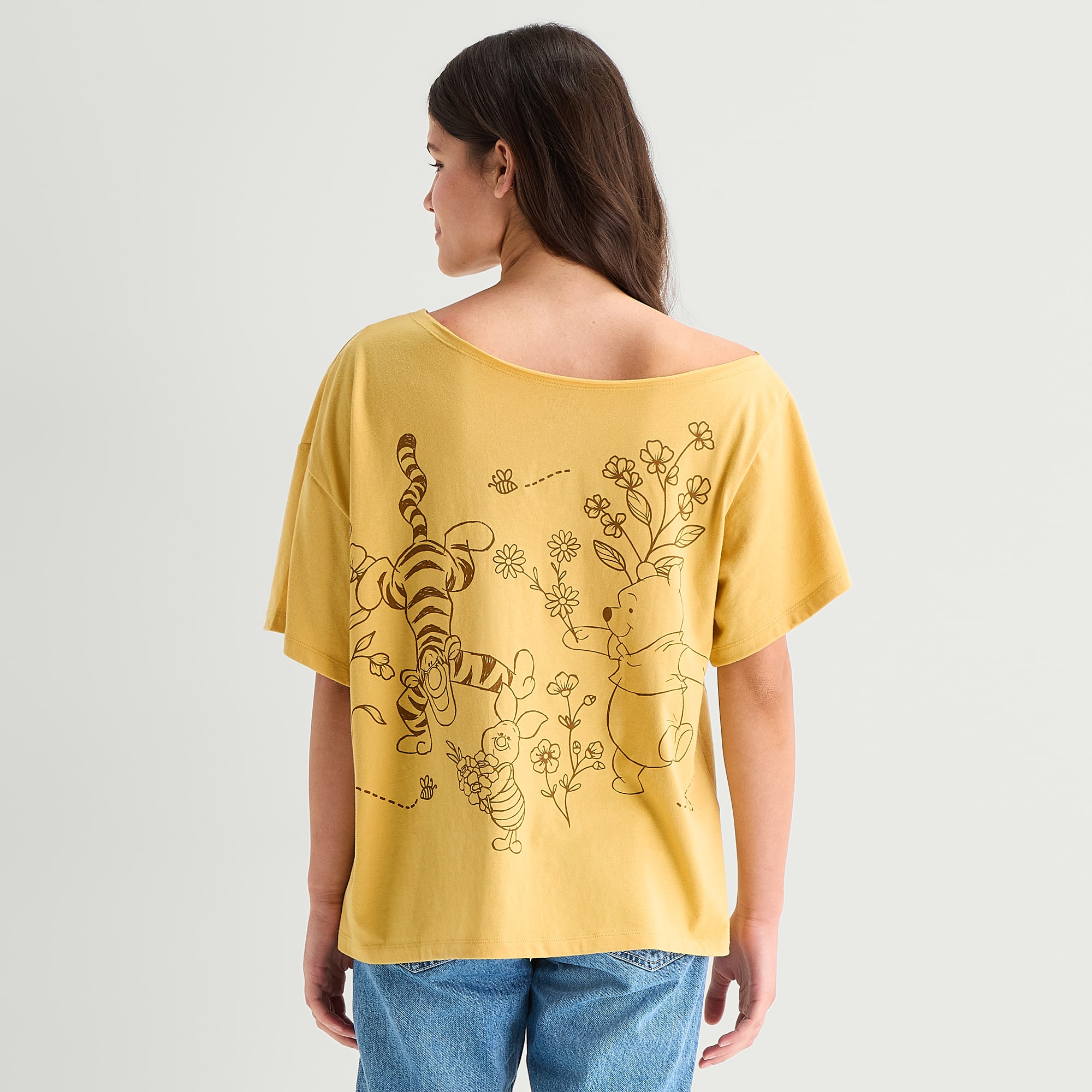 Winnie Off The Shoulder Tee Womens Juniors Short Sleeve Loose Fit Pooh Graphic T-Shirt