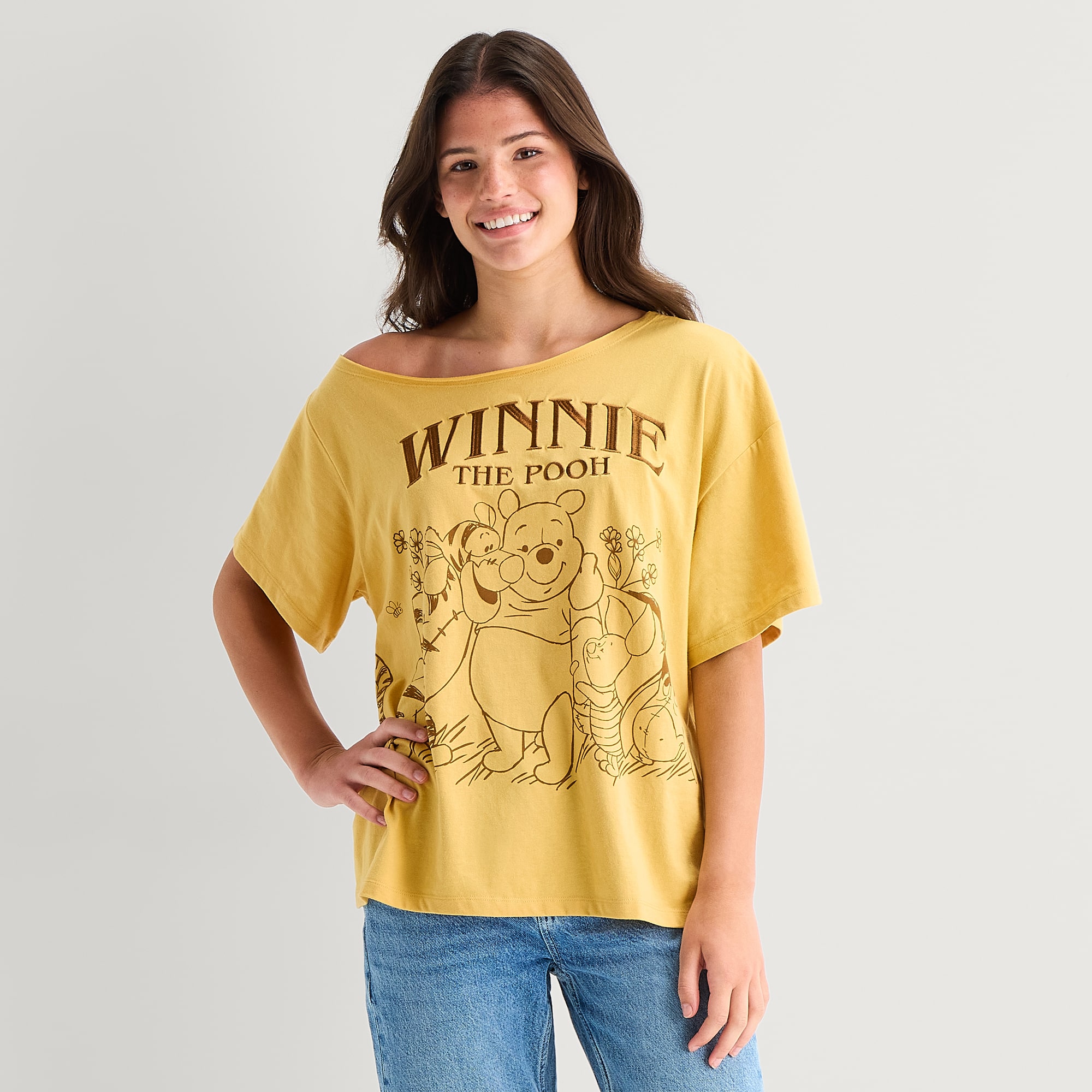 Winnie Off The Shoulder Tee Womens Juniors Short Sleeve Loose Fit Pooh Graphic T-Shirt