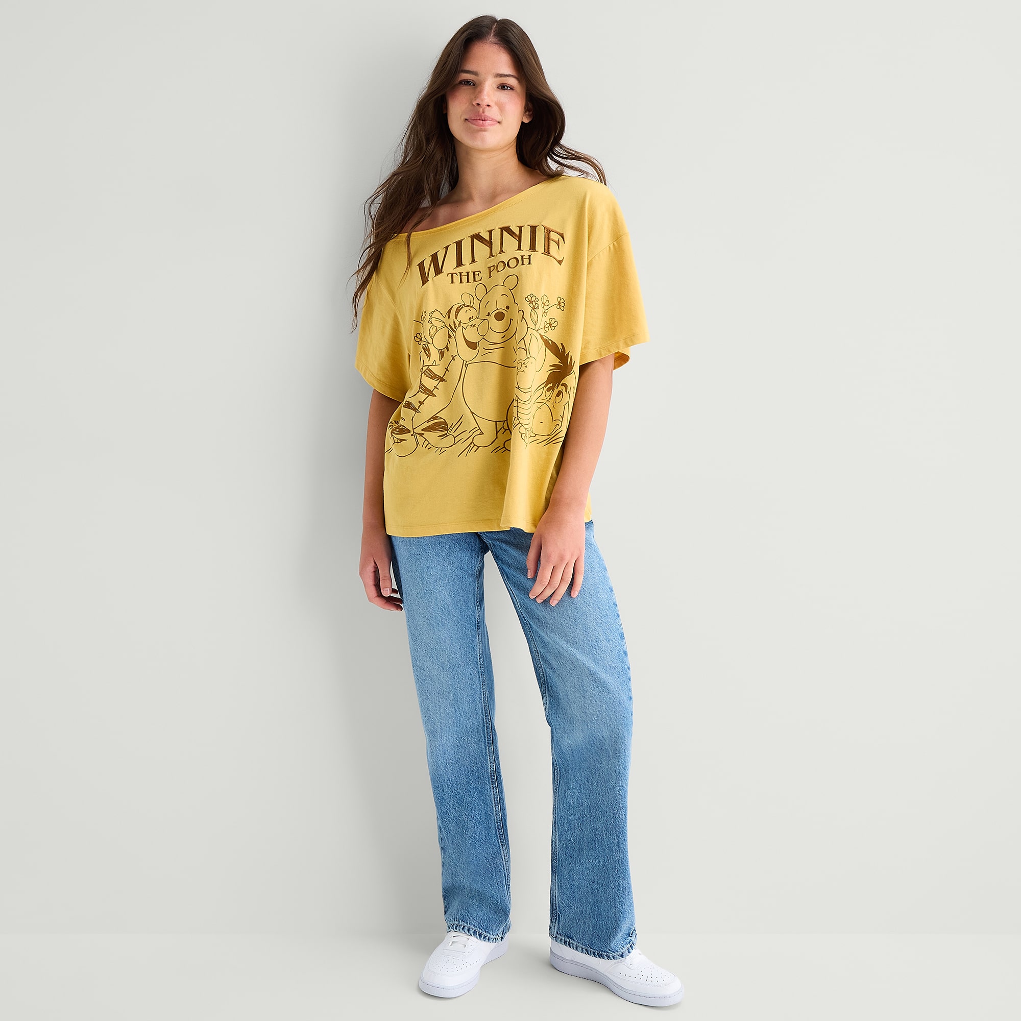 Winnie Off The Shoulder Tee Womens Juniors Short Sleeve Loose Fit Pooh Graphic T-Shirt