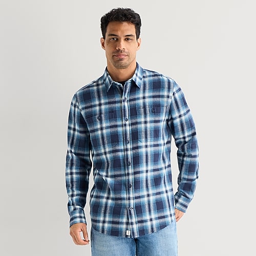 mutual weave Mens Long Sleeve Classic Fit Flannel Shirt, Medium, Blue