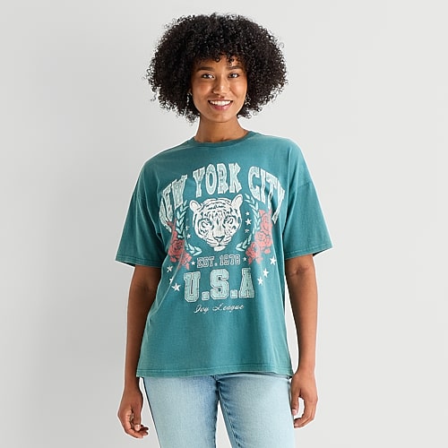 Arizona Womens Juniors Crew Neck Short Sleeve Loose Fit Graphic T-shirt In Blue