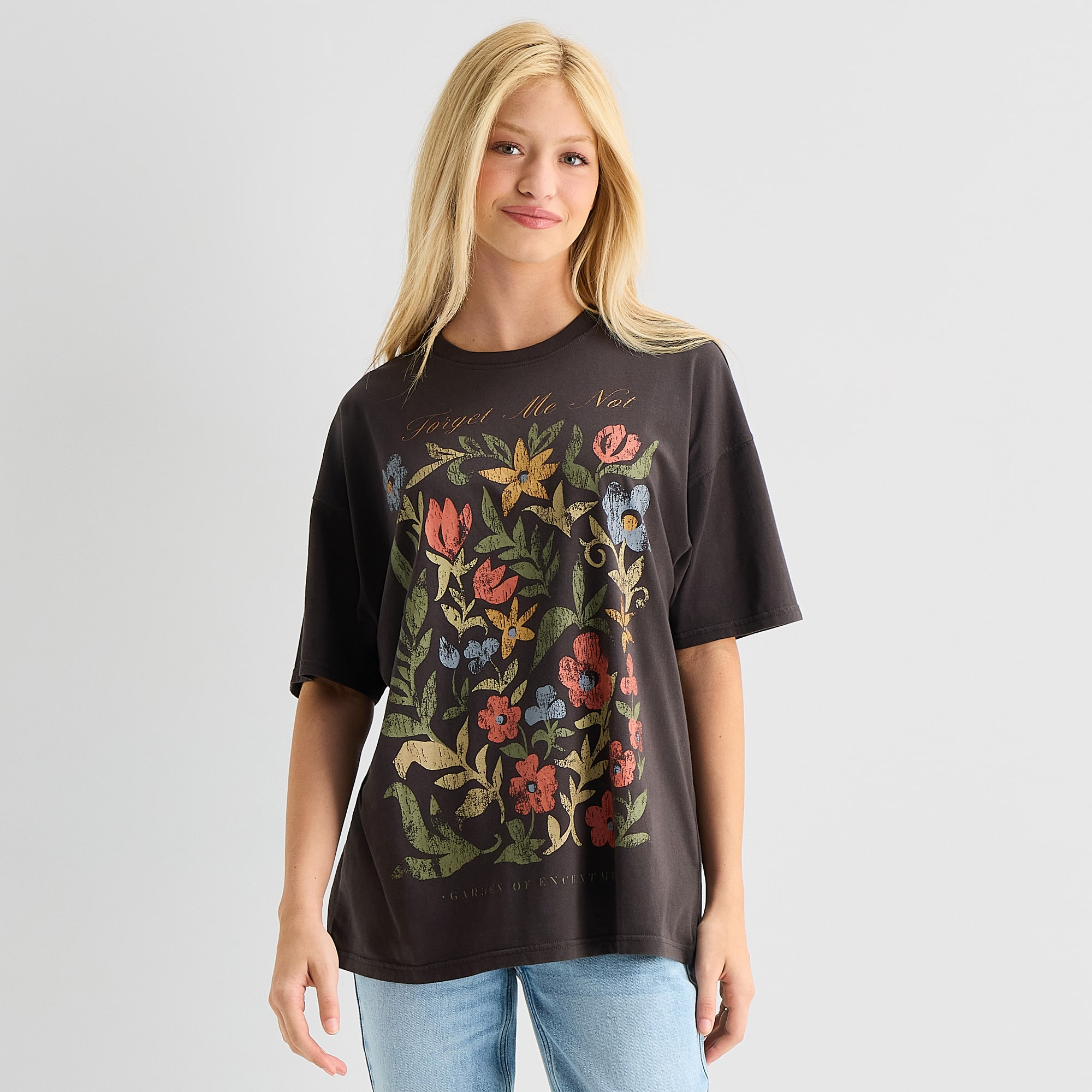 Arizona Womens Juniors Crew Neck Short Sleeve Loose Fit Graphic T-Shirt