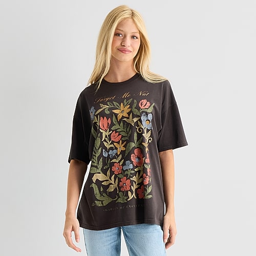 Arizona Womens Juniors Crew Neck Short Sleeve Loose Fit Graphic T-shirt In Brown
