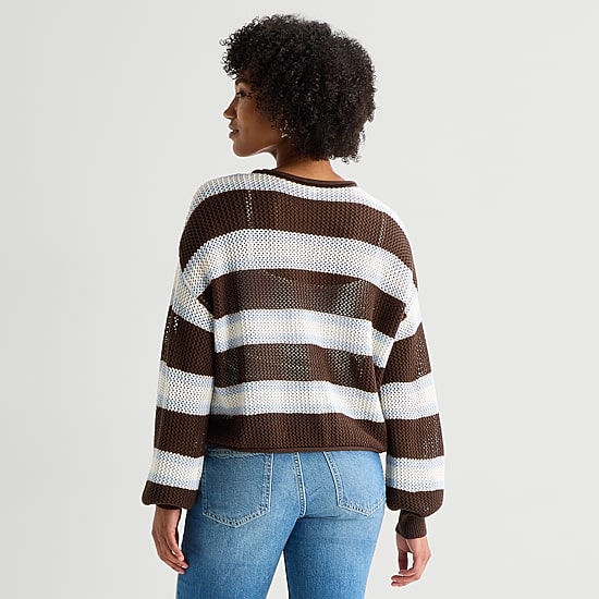 Arizona Juniors Womens Crew Neck Long Sleeve Striped Pullover Sweater