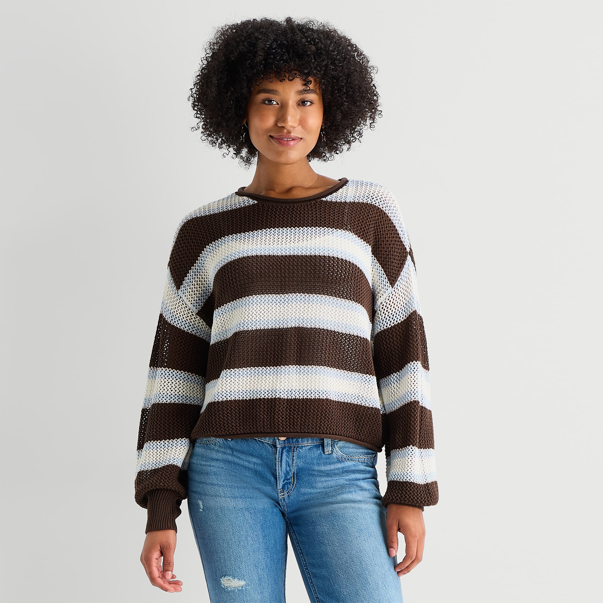 Arizona Juniors Womens Crew Neck Long Sleeve Striped Pullover Sweater