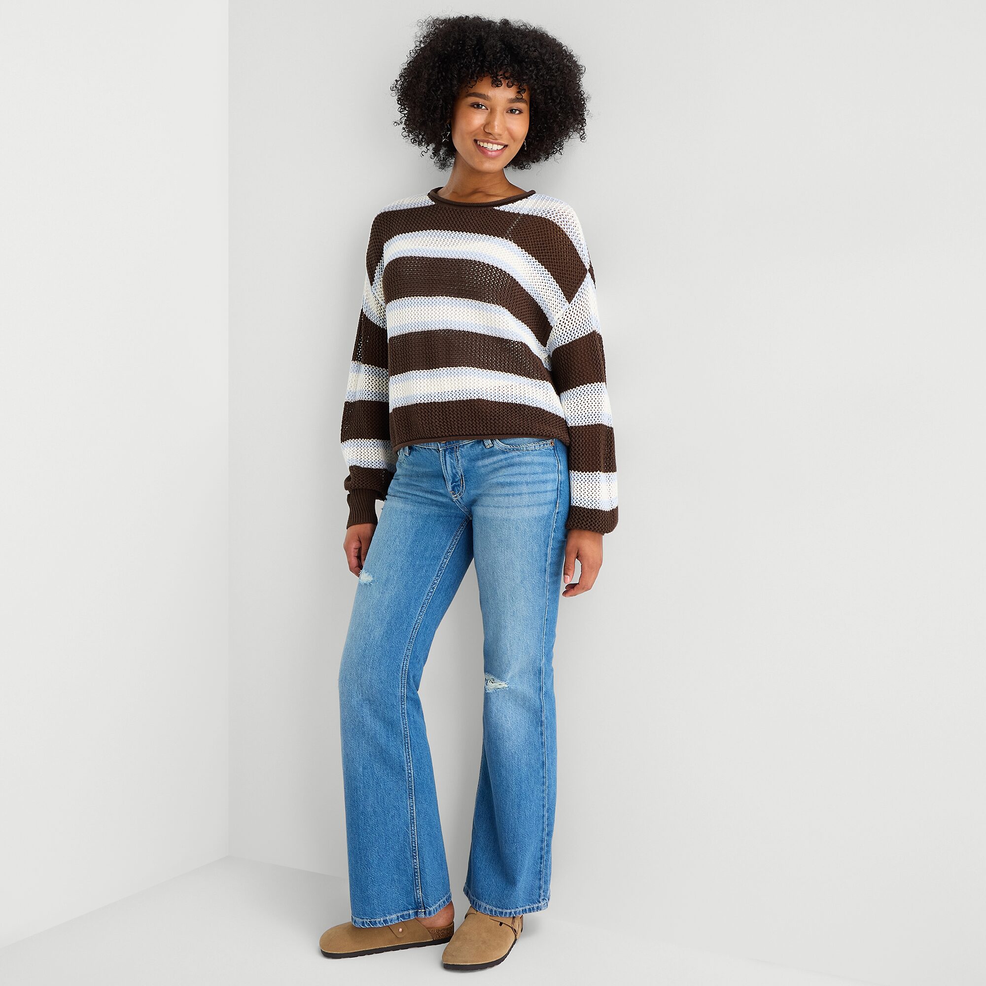 Arizona Juniors Womens Crew Neck Long Sleeve Striped Pullover Sweater