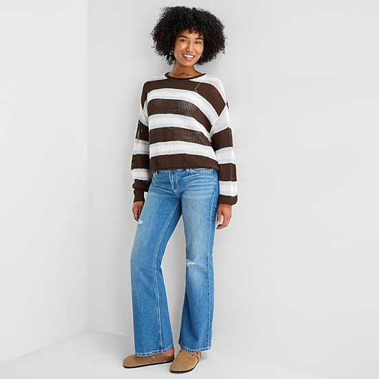 Arizona Juniors Womens Crew Neck Long Sleeve Striped Pullover Sweater