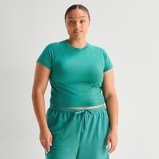 Xersion Seamless Womens Crew Neck Short Sleeve Active Plus Crop Top