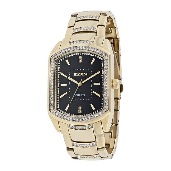 Elgin® Mens Gold-Tone & Crystal-Accent Rectangular Watch